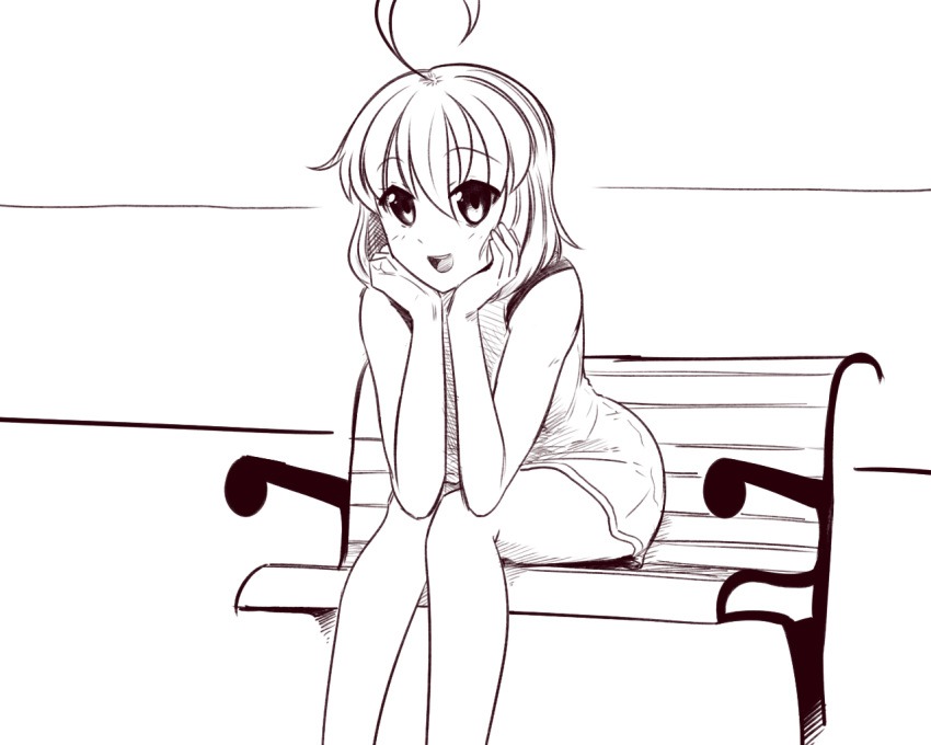 1girl ahoge andou_natsuki bench boa_(brianoa) greyscale hands_on_own_face kitakubu_katsudou_kiroku looking_at_viewer monochrome open_mouth short_hair sitting smile solo