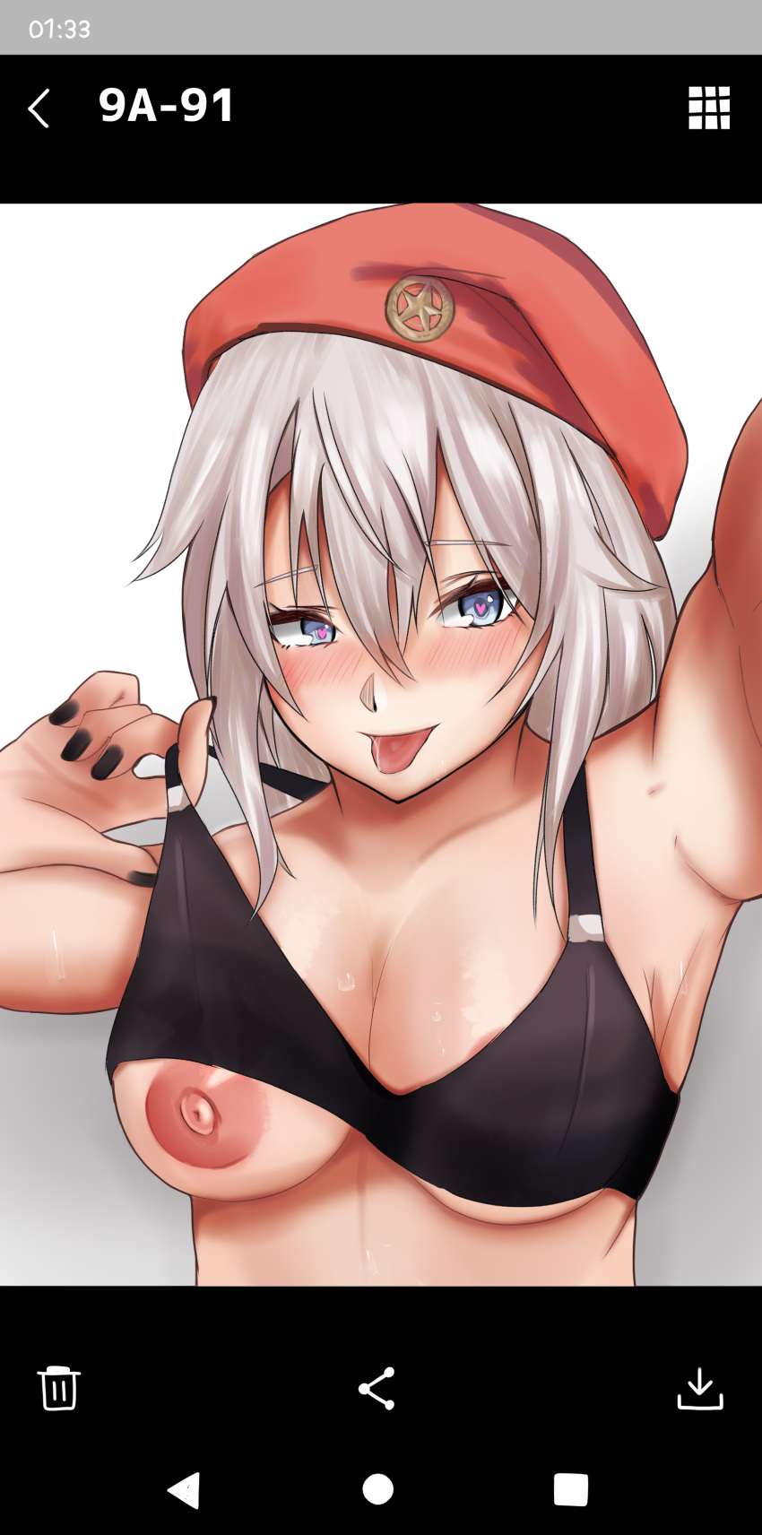 1girl 9a-91_(girls_frontline) absurdres beret black_nails black_sports_bra blue_eyes blush bra bra_lift breasts cellphone character_name cleavage eyebrows_visible_through_hair girls_frontline hat heart heart_eyes highres holding holding_bra holding_clothes holding_phone holding_underwear long_hair looking_at_viewer medium_breasts nail_polish nipples phone phone_screen red_headwear screen silver_hair simple_background smartphone solo sports_bra taishi_karibe tongue tongue_out underwear