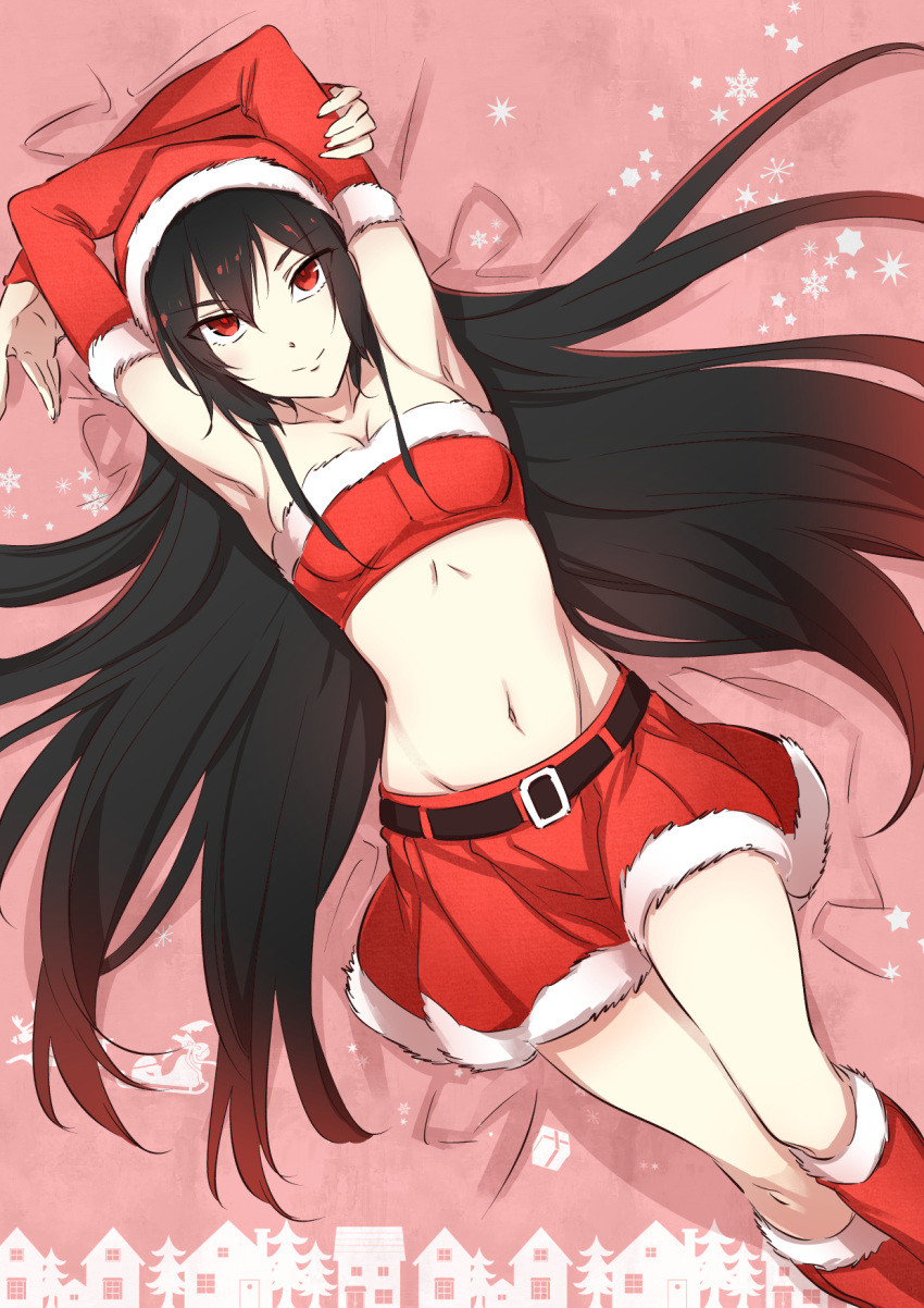 1girl akame akame_ga_kill! armpits arms_up bandeau bangs belt belt_buckle black_belt black_hair boots breasts buckle cleavage closed_mouth collarbone detached_sleeves eyebrows_visible_through_hair from_above fur-trimmed_boots fur-trimmed_skirt fur-trimmed_sleeves fur_trim gradient_hair hair_between_eyes highres knee_boots long_hair long_sleeves looking_at_viewer lying midriff miniskirt multicolored_hair navel on_back pink_background red_eyes red_footwear red_hair red_skirt red_sleeves santa_costume skirt small_breasts smile solo stomach tashiro_tetsuya very_long_hair