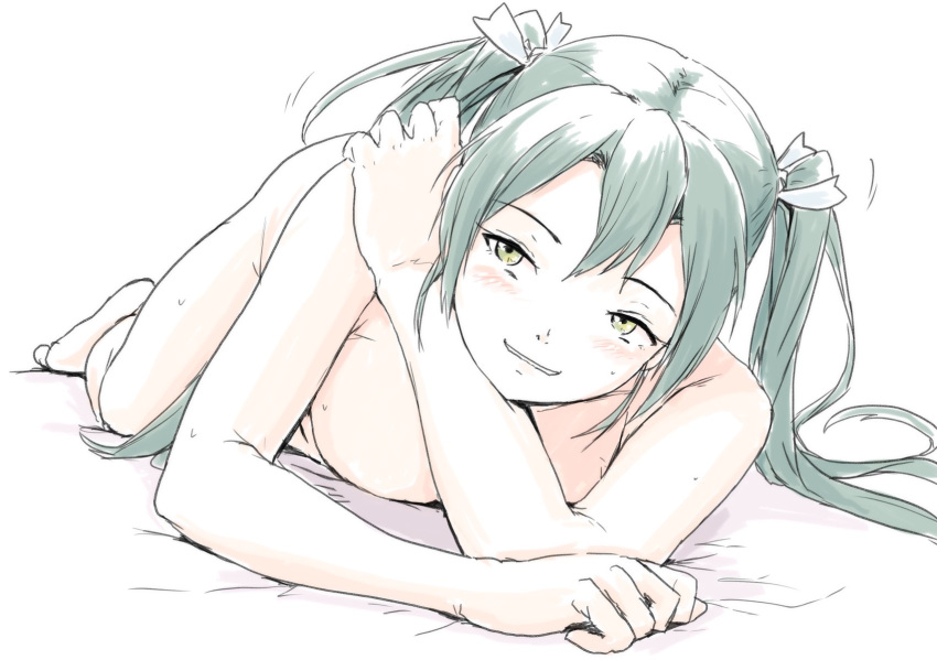 1girl arm_support breasts dark_green_hair hair_between_eyes hair_ribbon highres kantai_collection long_hair looking_at_viewer lying nude on_bed on_stomach ribbon sidelocks small_breasts smile solo twintails vent_arbre white_background yellow_eyes zuikaku_(kancolle)