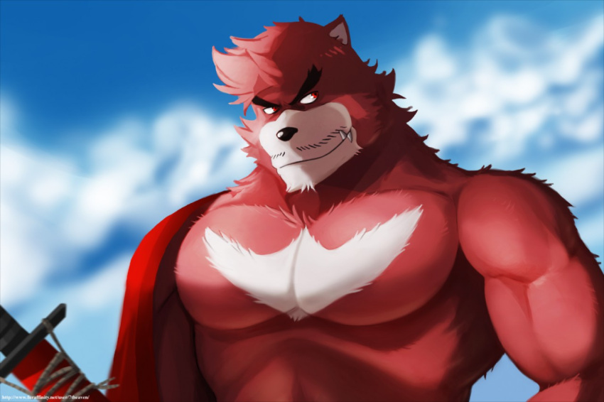 2017 7theaven anthro black_bear black_eyebrows black_nose brown_body brown_fur cloud day eyebrows facial_hair fur katakana kumatetsu male mammal moon_bear muscular muscular_anthro muscular_male mustache pecs red_eyes sky solo the_boy_and_the_beast ursid ursine white_body white_fur