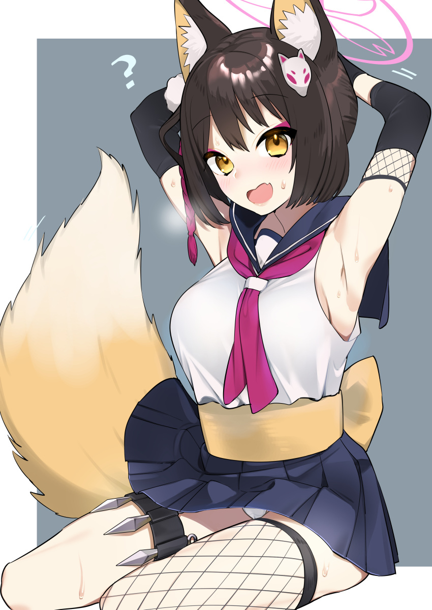 1girl ? absurdres animal_ear_fluff animal_ears armpits arms_behind_head arms_up bangs bare_shoulders black_hair blue_archive blue_skirt blush breasts brown_eyes commentary_request eyebrows_visible_through_hair fang fishnet_legwear fishnets fox_ears fox_girl fox_mask fox_tail highres izuna_(blue_archive) kunai looking_at_viewer mask mask_on_head medium_breasts omucchan_(omutyuan) open_mouth pleated_skirt shirt single_thighhigh sitting skirt sleeveless sleeveless_shirt solo sweat tail thighhighs weapon white_shirt yokozuwari