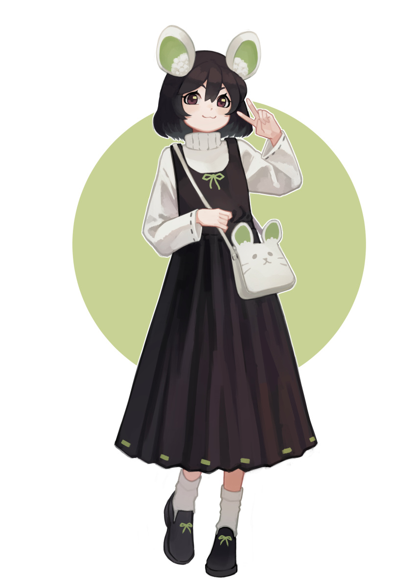 1girl :3 absurdres animal_ear_fluff animal_ears bag black_dress black_footwear black_hair brown_eyes circle closed_mouth dress eyebrows_visible_through_hair green_ribbon green_theme hair_between_eyes handbag highres original outline ribbon short_hair simple_background smile socks solo turtleneck v white_background white_legwear white_outline yoon_cook