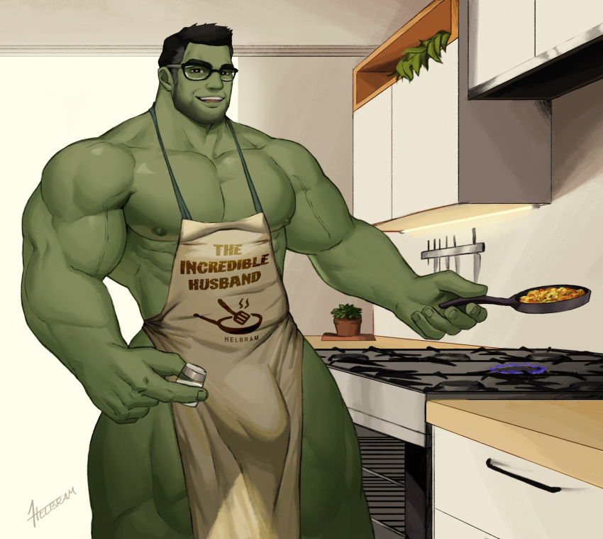 1boy absurdres apron avengers:_endgame bara bare_pecs black-framed_eyewear black_hair bulge colored_skin cooking english_text facial_hair feet_out_of_frame frying_pan giant giant_male glasses green_skin highres hulk large_pectorals male_focus mature_male muscular muscular_male naked_apron nipples omelet reward_available short_hair sideburns solo standing stubble thick_thighs thighs whyhelbram