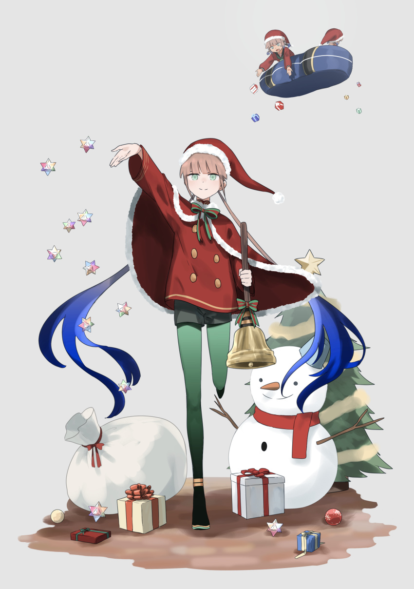 3boys absurdres bangs bell blonde_hair blue_hair captain_nemo_(fate) christmas christmas_tree fate/grand_order fate_(series) gift gradient_hair green_eyes green_legwear hat high_heels highres long_hair male_focus marine_nemo_(fate) milky-volant multicolored_hair multiple_boys nemo_series_(fate) pantyhose ribbon saint_quartz santa_costume santa_hat scarf shorts smile snowman solo_focus standing standing_on_one_leg twintails very_long_hair