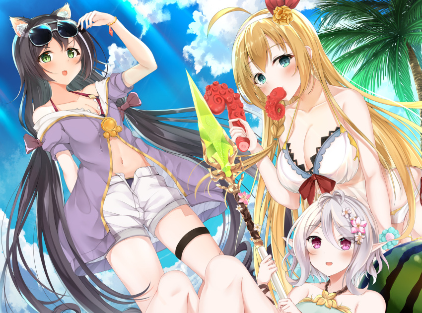 3girls ahoge animal_ear_fluff animal_ears black_hair blonde_hair blue_eyes blush bow_dress breasts cat_ears cleavage cloud dress eating eyebrows_visible_through_hair eyewear_on_head food from_below fruit glasses green_eyes hair_between_eyes highres hiragi_ringo holding holding_spear holding_weapon jacket karyl_(princess_connect!) kokkoro_(princess_connect!) long_hair looking_at_viewer low_twintails multiple_girls navel palm_tree pecorine_(princess_connect!) pointy_ears polearm princess_connect! princess_connect!_re:dive purple_eyes purple_jacket short_shorts shorts silver_hair sky spear tentacles thigh_strap tree twintails very_long_hair watermelon weapon white_dress white_shorts