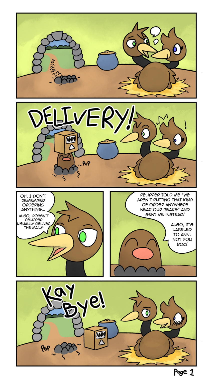 2_heads ambiguous_gender avian blue_eyes blush comic delivery_(commerce) dialogue diglett doduo duo eyes_closed feral green_eyes hi_res jar male multi_head nintendo otterjunk pok&eacute;mon pok&eacute;mon_(species) postal_delivery roxanne_(otterjunk) solo speech_bubble text video_games