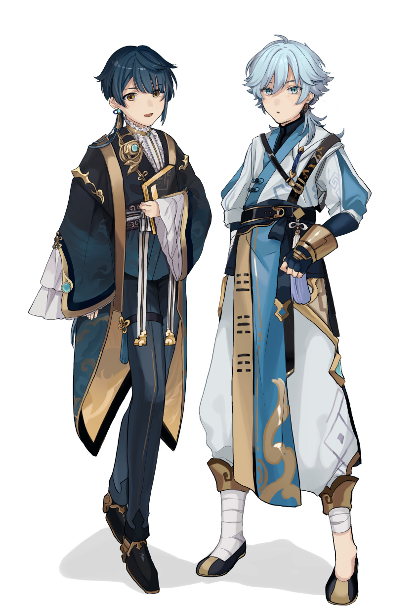 2boys absurdres alternate_costume alternate_hair_length alternate_hairstyle bandaged_leg bandages blue_eyes blue_gloves blue_hair brown_eyes chongyun_(genshin_impact) earrings fingerless_gloves fingernails frills genshin_impact gloves hair_between_eyes highres jewelry light_blue_eyes light_blue_hair long_sleeves male_focus multiple_boys nakura_hakuto open_mouth parted_lips simple_background single_earring sleeves_past_wrists slit_pupils standing vision_(genshin_impact) white_background wide_sleeves