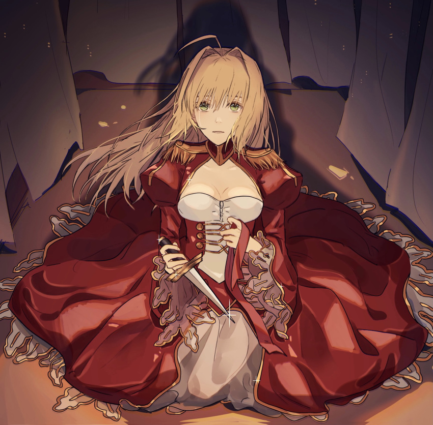 1girl alternate_hair_length alternate_hairstyle bangs blonde_hair breasts cleavage crying crying_with_eyes_open dagger dot818 dress fate/extra fate_(series) floating_hair green_eyes hair_between_eyes hair_intakes highres holding holding_dagger holding_weapon kneeling layered_dress long_dress long_hair long_sleeves medium_breasts nero_claudius_(fate) nero_claudius_(fate)_(all) open_mouth red_dress solo tears very_long_hair weapon