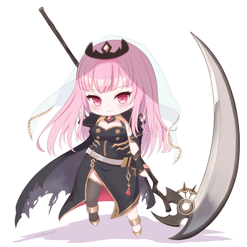 1girl absurdres bangs black_clothes black_dress black_legwear chibi dress highres holding holding_scythe holding_weapon hololive hololive_english long_hair mori_calliope pink_eyes pink_hair scythe tiara veil very_long_hair virtual_youtuber weapon