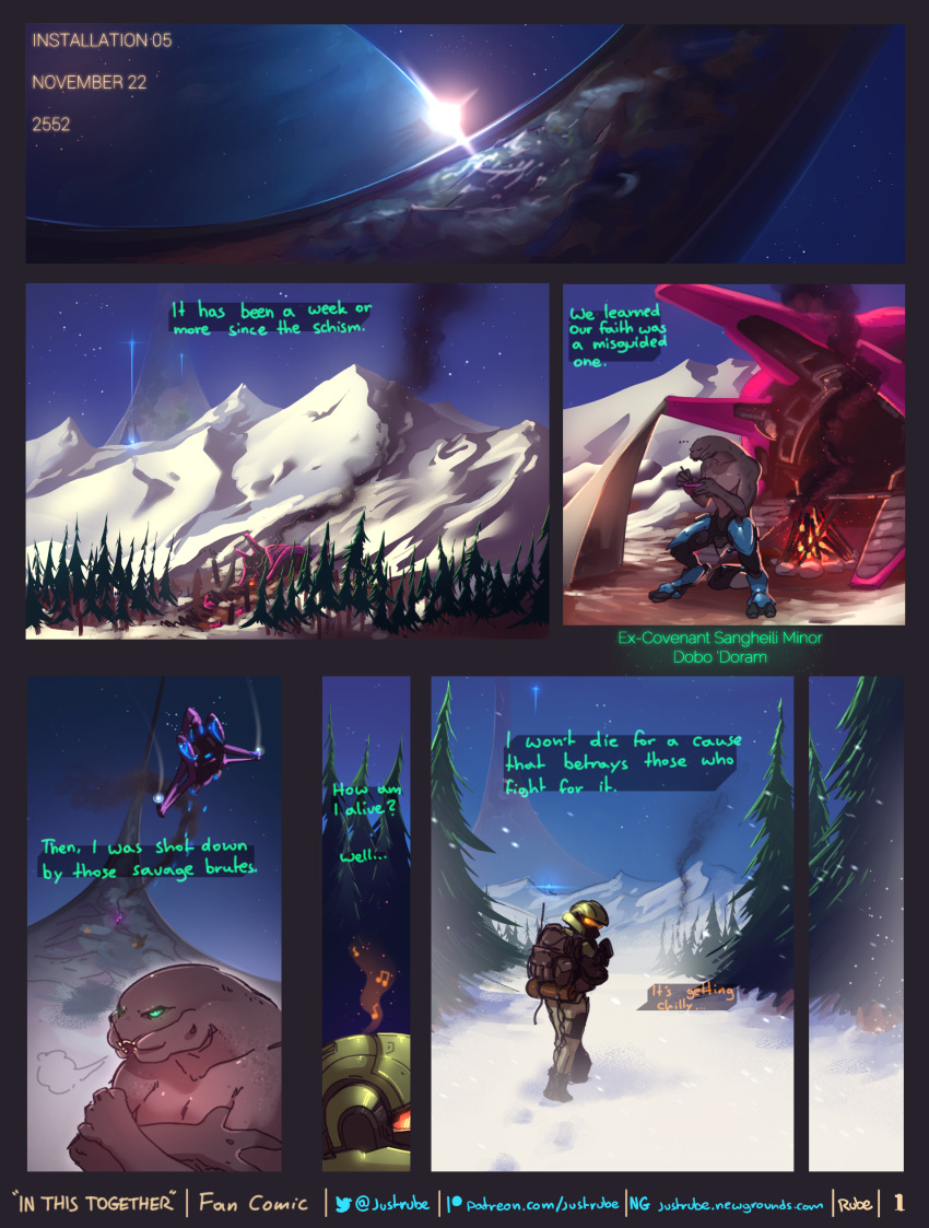 absurd_res aircraft alien armor clothed clothing comic dialogue duo female fire forest green_eyes gun halo_(series) headgear helmet hi_res human male mammal microsoft mountain muscular muscular_male plant ranged_weapon rube sangheili singing snow space submachine_gun text topless tree video_games weapon xbox_game_studios