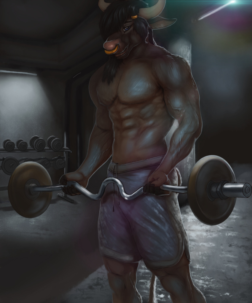 abs absurd_res accipitriform anthro avian barbell bird bottomwear bovid bovine cattle clothing ghost738589 hall hi_res male mammal muscular muscular_anthro muscular_male shorts solo vulture wool_(disambiguation)