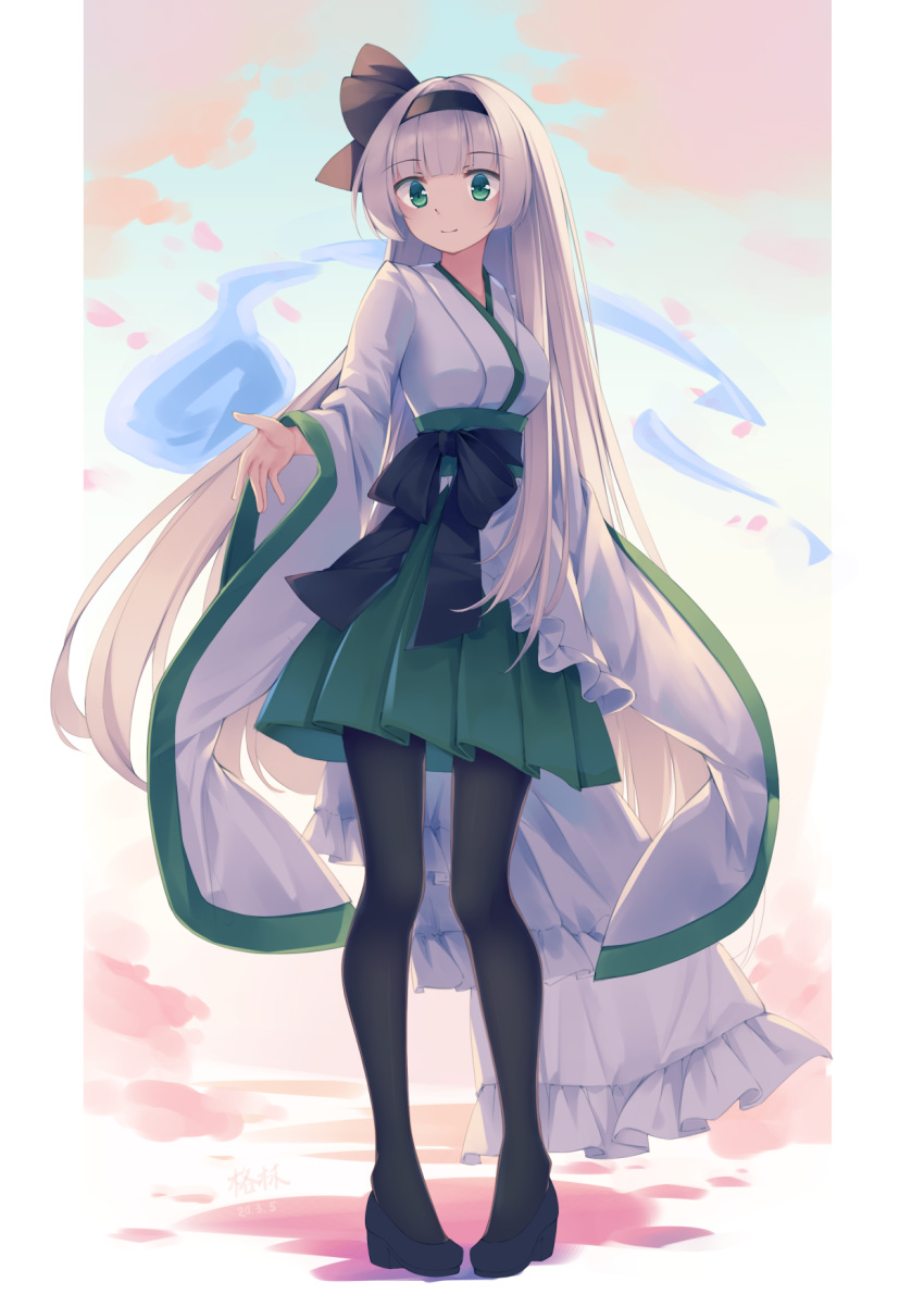 1girl abstract_background alternate_costume alternate_hair_length alternate_hairstyle bangs black_footwear black_legwear commentary eyebrows_visible_through_hair full_body furisode green_eyes green_hakama hair_ribbon hakama hakama_skirt highres japanese_clothes kimono konpaku_youmu konpaku_youmu_(ghost) light_smile long_hair looking_at_viewer mechrailgun multicolored multicolored_background obi outstretched_hand pantyhose pigeon-toed pleated_skirt ribbon sash silver_hair skirt solo standing touhou very_long_hair