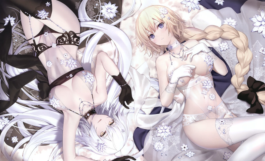 2girls blonde_hair breasts cropped fate/grand_order fate_(series) flowers gloves jeanne_d'arc_(fate) jeanne_d'arc_alter long_hair navel ponytail purple_eyes scan shinooji thighhighs white_hair yellow_eyes