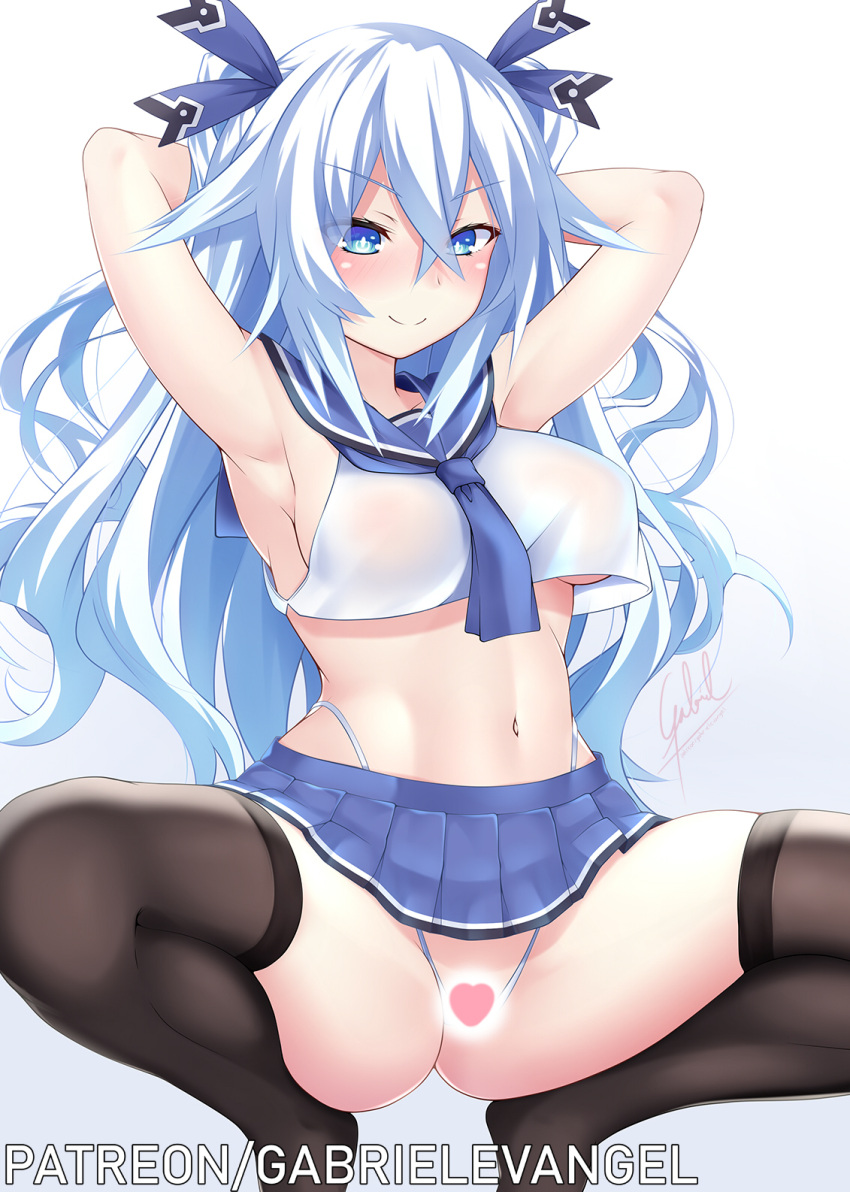 1girl armpits arms_behind_head bangs black_heart black_legwear blue_eyes blush breasts censored choujigen_game_neptune crop_top eyebrows_visible_through_hair gabriel_evangel hair_ribbon highres long_hair microskirt navel neptune_(series) next_black noire patreon_username reward_available ribbon sailor_collar school_uniform serafuku simple_background skindentation skirt sleeveless smile spread_legs squatting symbol-shaped_pupils thighhighs white_background white_hair