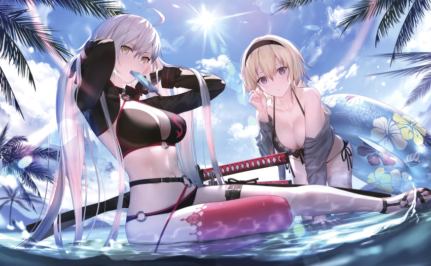 bikini blonde_hair braids breasts brown_eyes cleavage clouds cropped fate/grand_order fate_(series) garter gloves headband jeanne_d'arc_(fate) jeanne_d'arc_alter katana long_hair navel ponytail popsicle purple_eyes scan shinooji sky swimsuit sword thighhighs tree water weapon white_hair