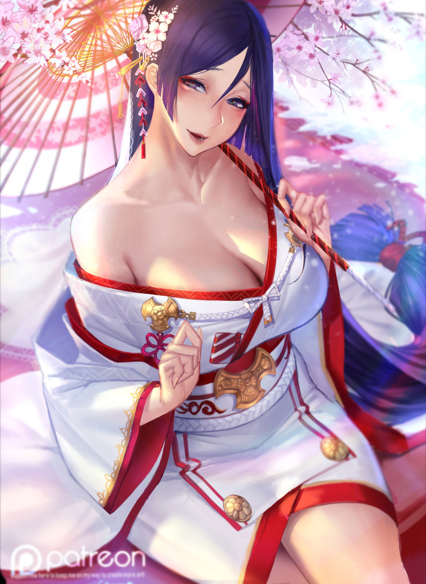 cleavage fate/grand_order gtunver japanese_clothes minamoto_no_raikou_(fate/grand_order) no_bra open_shirt umbrella