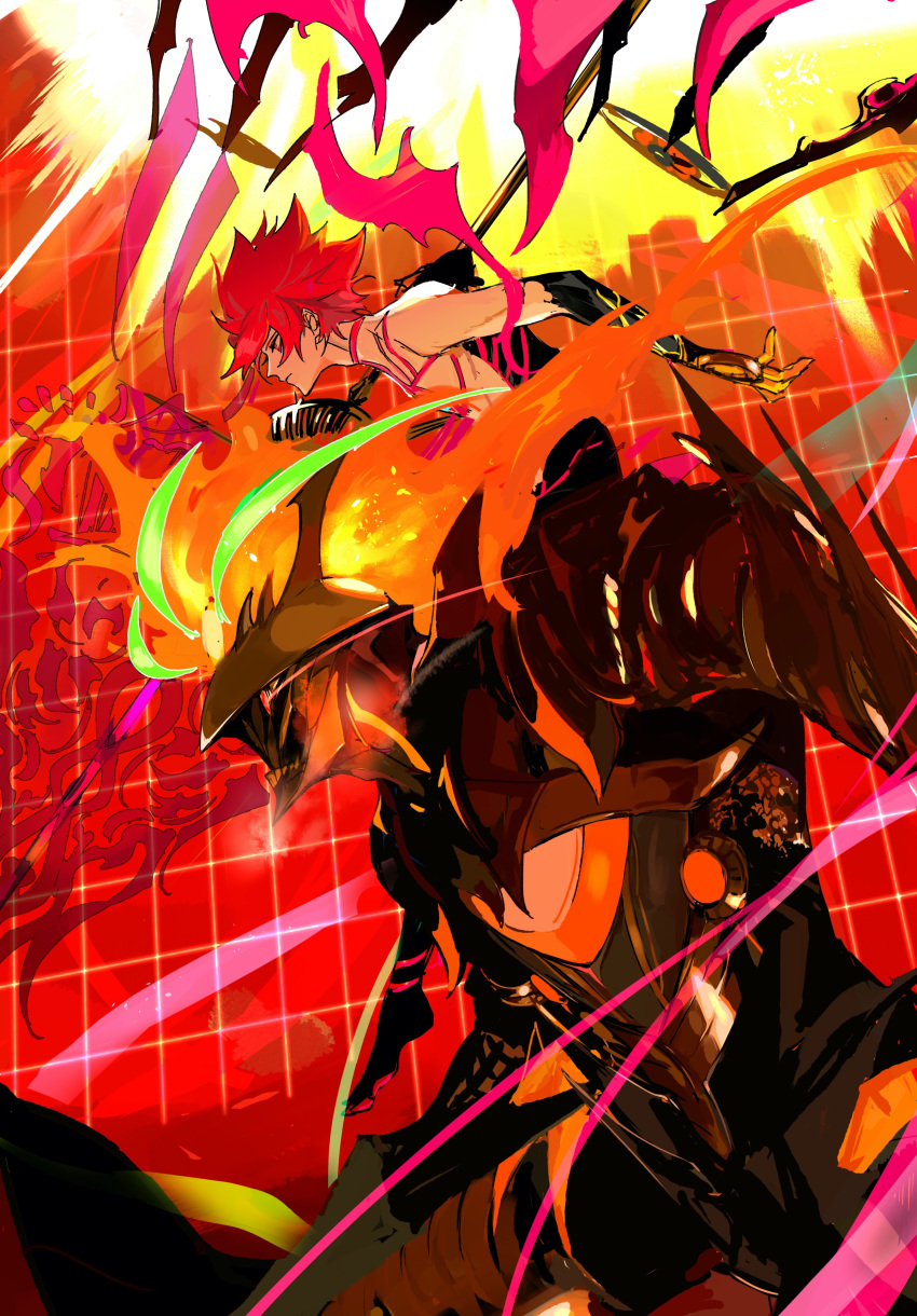 2boys absurdres armor ashwatthama_(fate) chest_tattoo ddlcclia fate/grand_order fate_(series) fiery_hair fiery_wings fighting_stance glowing glowing_eye highres karna_(fate) looking_to_the_side male_focus multiple_boys official_alternate_costume pale_skin red_eyes red_hair shirtless super_karna_(fate) tattoo yellow_eyes