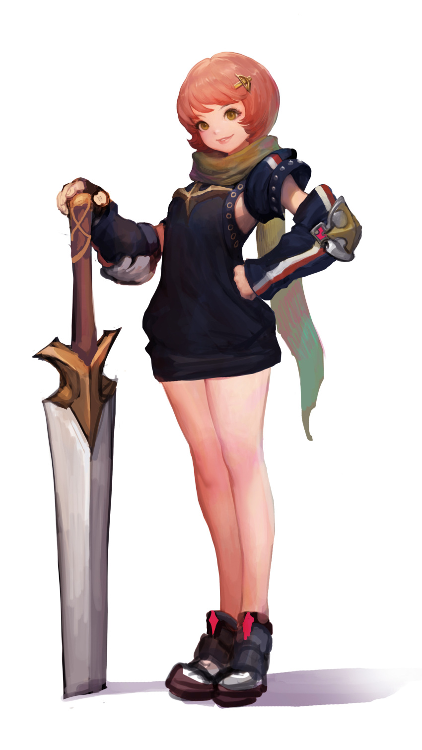 1girl absurdres armor black_gloves brown_eyes fingerless_gloves gd_choco gloves green_scarf hair_ornament hand_on_hilt hand_on_hip highres original parted_lips planted planted_weapon scarf short_hair simple_background smile solo standing sword weapon white_background