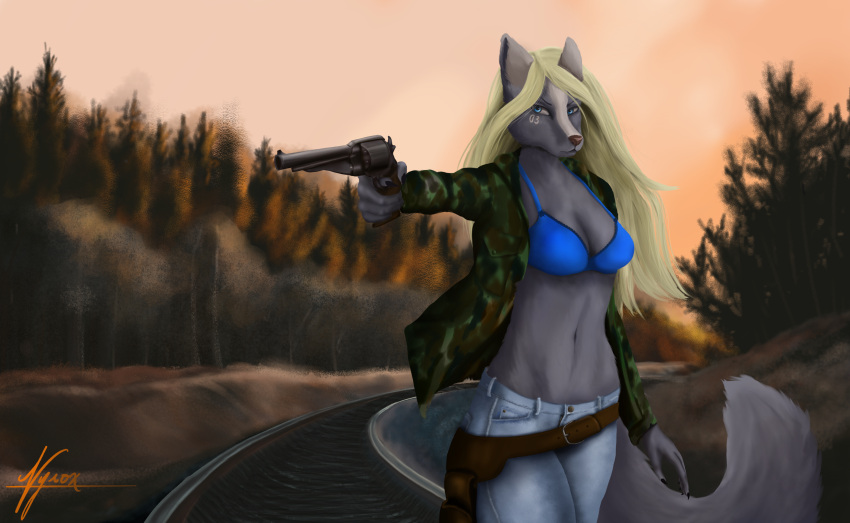 absurd_res anthro army army_uniform autumn belt blonde_hair blue_eyes bottomwear bra camo camo_clothing camo_print camo_topwear canid canine canis claws clothed clothing denim denim_clothing female fluffy fluffy_tail forest forest_background fur grey_body grey_fur gun gun_arm hair handgun hi_res holding_gun holding_object holding_weapon holster humanoid_pointy_ears jeans mammal nature nature_background navel nyrox open_clothing open_shirt open_topwear outside pants pattern_clothing pattern_topwear plant rail railroad ranged_weapon revolver shirt solo standing sunset topwear train train_tracks tree underwear vehicle weapon white_body white_fur wolf