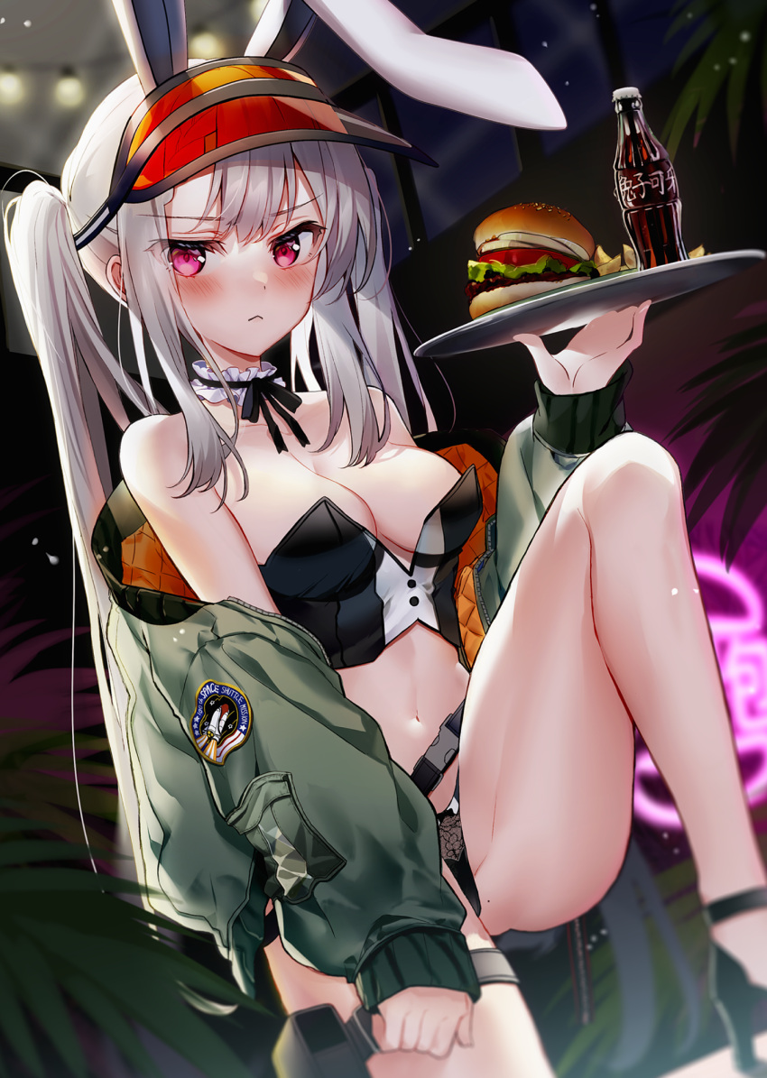 1girl :&lt; animal_ears ass bare_shoulders belt belt_pouch black_choker black_footwear black_panties blurry breasts bunny_ears choker cleavage closed_mouth cola crop_top depth_of_field fake_animal_ears food frilled_choker frills frown green_jacket hamburger high_heels highres holding jacket kawachi_rin leg_up lingerie long_hair long_sleeves looking_at_viewer medium_breasts midriff moe2021 mole mole_on_ass navel no_bra no_pants off_shoulder open_clothes open_jacket original panties pink_eyes playboy_bunny pouch revision shirt sidelocks silver_hair sleeveless sleeveless_shirt solo stomach strapless strapless_shirt thigh_strap thighs tray twintails underwear v-shaped_eyebrows visor_cap