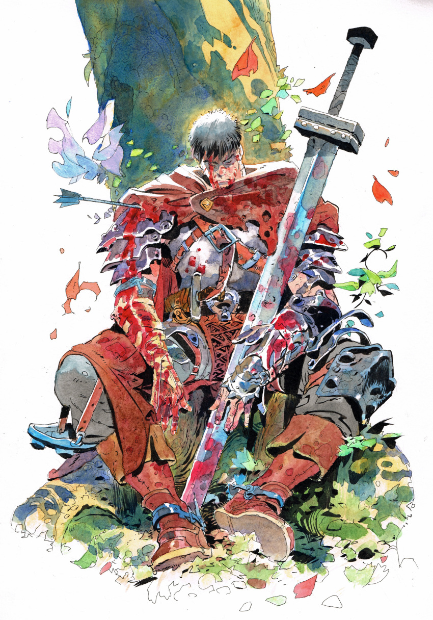 1boy armor arrow_(projectile) berserk black_hair blood blood_on_face bloody_clothes bloody_weapon cloak closed_eyes death full_body guts_(berserk) highres impaled injury long_sword male_focus matias_bergara plant planted_weapon short_hair solo spread_legs traditional_media tree watercolor_(medium) weapon