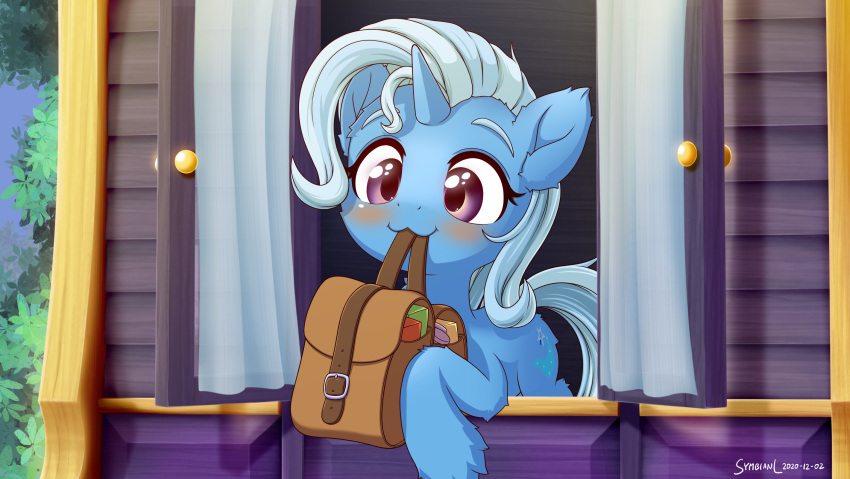 2020 :3 bag blue_hair blush cutie_mark digital_media_(artwork) equid equine female feral friendship_is_magic hair hasbro hi_res horn mammal mouth_hold multicolored_hair my_little_pony purple_eyes smile solo symbianl trixie_(mlp) two_tone_hair unicorn wagon