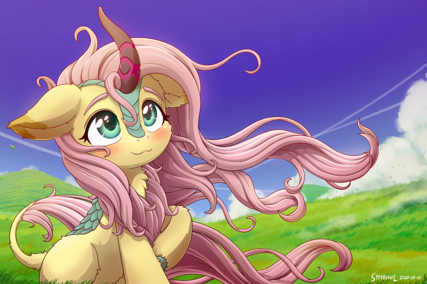 2020 alternate_species asian_mythology blush chinese_mythology cloud cloven_hooves digital_media_(artwork) east_asian_mythology female feral fluttershy_(mlp) friendship_is_magic grass hair hasbro hi_res hooves kirin long_hair my_little_pony mythology pink_hair plant sky smile solo symbianl tail_tuft teal_eyes tuft wind