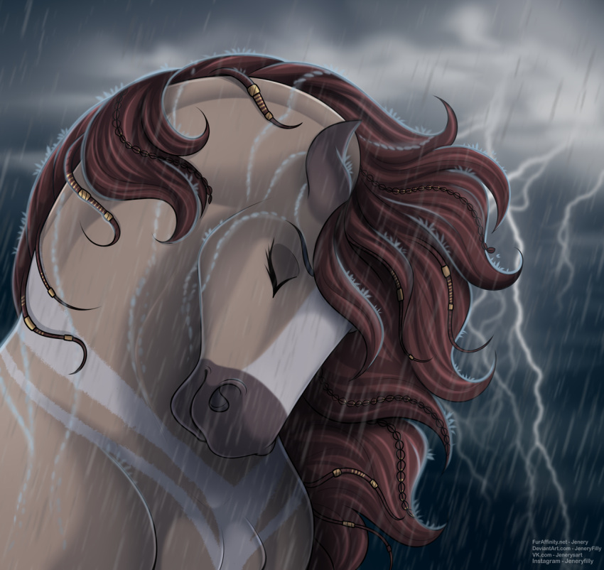 2020 andalusian_horse cloud digital_media_(artwork) equid equine eyes_closed female feral hi_res horse jenery lightning mammal pose raining solo storm text url water