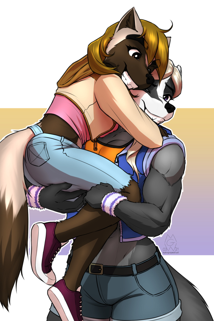 2021 2:3 5_fingers absurd_res anthro badger blue_clothing bottomwear carrying carrying_another clothed clothing cute_expression duo female fingers footwear fur hi_res hug liz_(mykegreywolf) mammal mel_(mykegreywolf) midriff muscular muscular_anthro muscular_female mustelid musteline mykegreywolf one_eye_closed shoes shorts teeth topwear vest wolverine wristband