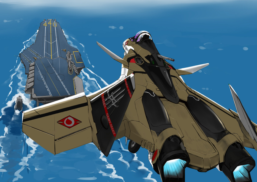 afterburner aircraft_carrier canards canopy control_tower energy_cannon flying landing landing_gear macross macross_delta mecha military military_vehicle missile_pod mizuki_(mizuki_ame) n.u.n.s. ocean official_style rocket_launcher roundel science_fiction ship space_craft thrusters uraga_class_carrier variable_fighter vf-31 vf-31a warship water watercraft weapon