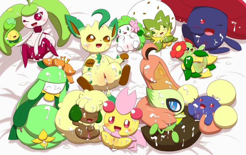 &lt;3 &lt;3_eyes absurd_res after_sex bellossom blush bodily_fluids budew celebi cherrim cum cum_everywhere cum_in_pussy cum_inside cum_on_face eeveelution eldegoss elemental_creature eyes_closed female flora_fauna genital_fluids genitals gourgeist group hi_res jumpluff land_forme_shaymin leafeon legendary_pok&eacute;mon lilligant messy minami minami_(artist) nintendo one_eye_closed open_mouth open_smile plant plant_hair pok&eacute;mon pok&eacute;mon_(species) pseudo_hair pussy shaymin smile steenee video_games vileplume whimsicott