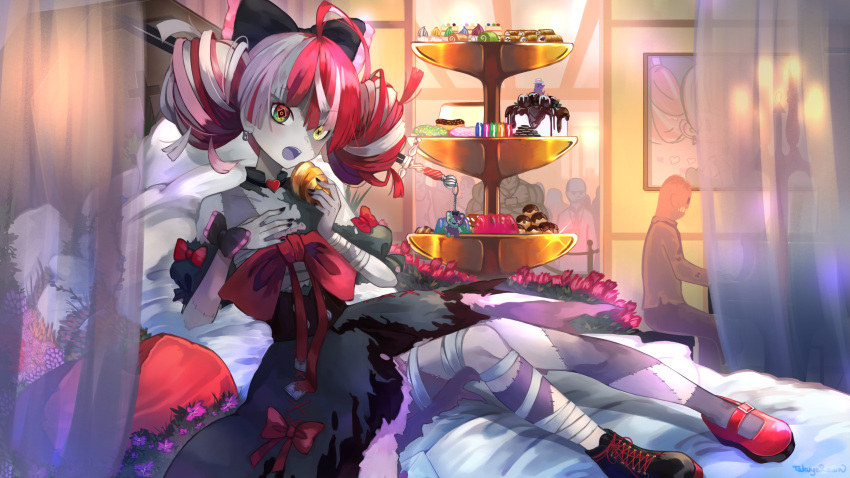 1girl ahoge bandages bangs black_bow black_nails bow cake colored_skin commentary double_bun doughnut dress food full_body green_eyes grey_hair grey_skin hair_bow hand_on_own_chest heterochromia highres holding holding_food hololive hololive_indonesia indoors jelly kureiji_ollie looking_at_viewer macaron mary_janes mismatched_footwear mismatched_pupils multicolored multicolored_eyes multicolored_hair on_bed open_mouth pastry patchwork_skin pink_hair reclining red_eyes red_hair shoes solo_focus stitched_face stitches streaked_hair sword symbol_commentary takuyarawr torn_clothes torn_dress udin_(kureiji_ollie) virtual_youtuber weapon white_hair wrist_bow yellow_eyes zombie