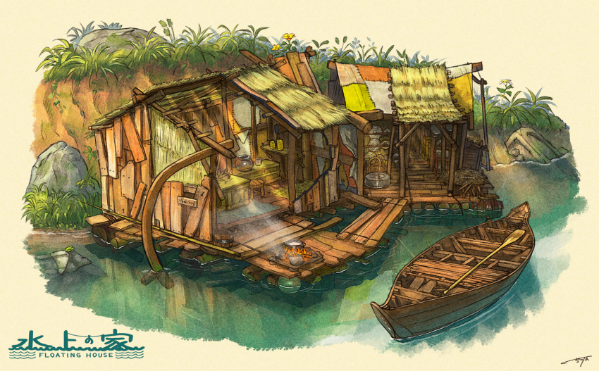 boat cooking fantasy fire highres no_humans original outdoors poppo_sutchy raft scenery stone thatched_roof water watercraft