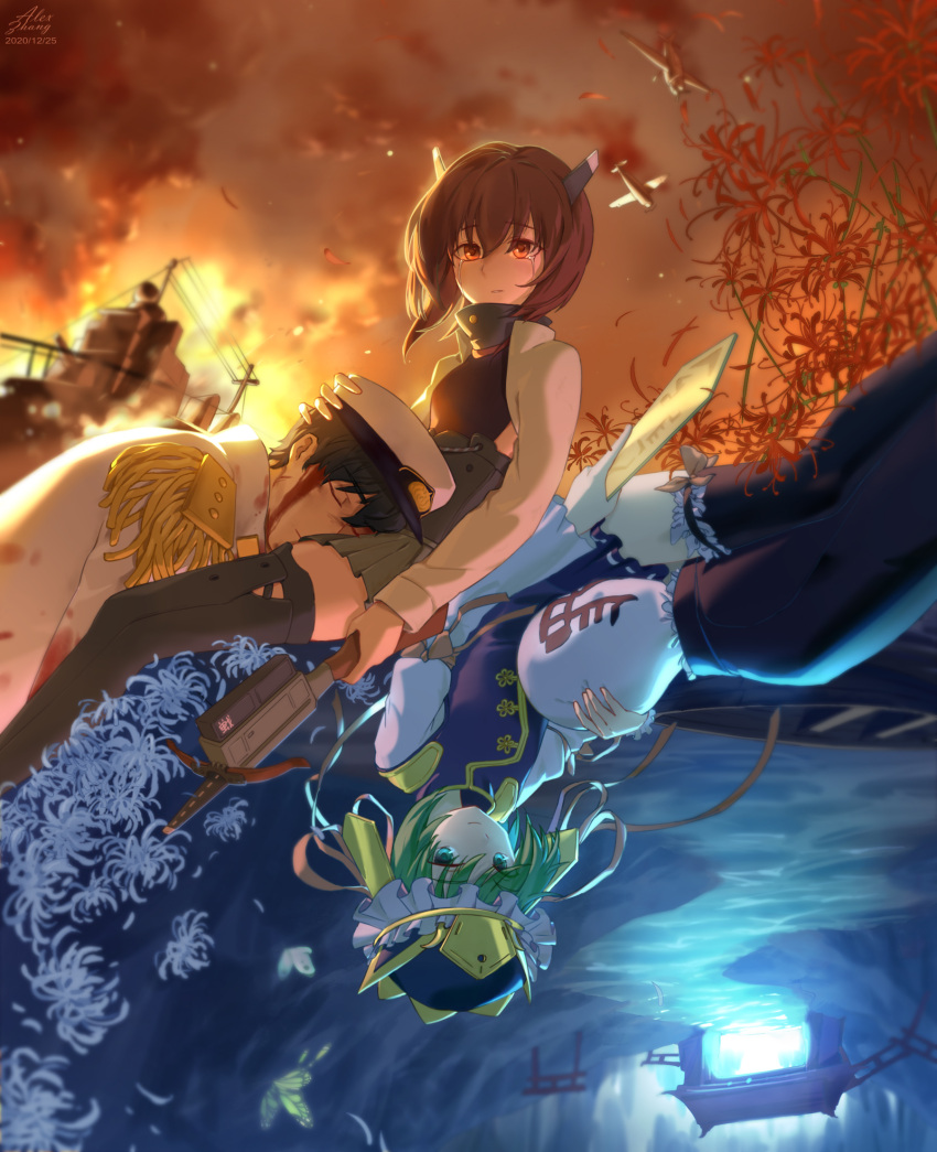 2boys 2girls admiral_(kancolle) aircraft alexzhang bangs black_legwear blue_eyes brown_eyes brown_hair bug butterfly closed_eyes crossover crying dated epaulettes fire flower frilled_hat frills green_hair hat headgear highres holding insect kantai_collection lap_pillow long_sleeves multiple_boys multiple_girls pleated_skirt red_flower rod_of_remorse shiki_eiki short_hair sidelocks sin_sack skirt smoke spider_lily taihou_(kancolle) tears thighhighs torii touhou water watercraft white_flower