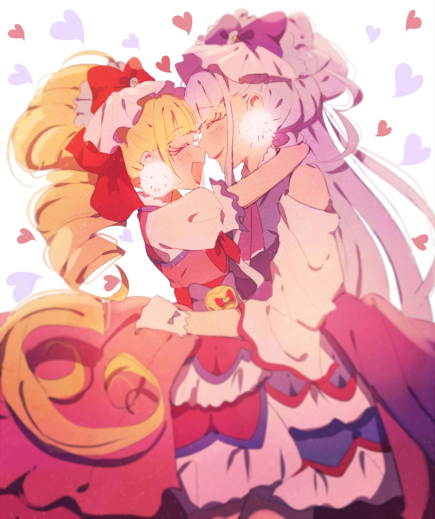 2girls absurdres aisaki_emiru bare_shoulders blonde_hair blush bow closed_eyes commentary_request cure_amour cure_macherie dress earrings gloves grgrton hair_bow happy highres hugtto!_precure jewelry layered_dress long_hair looking_at_another magical_girl multiple_girls open_mouth pink_dress pom_pom_(clothes) pom_pom_earrings precure puffy_short_sleeves puffy_sleeves purple_bow purple_dress purple_hair red_bow ruru_amour short_sleeves smile twintails white_gloves yuri