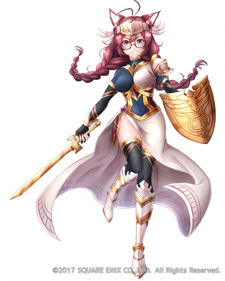 1girl 2017 animal_ears antenna_hair armor armored_boots armored_dress black-framed_eyewear black_gloves black_legwear boots braid breasts brown_hair cat_ears cleavage copyright covered_navel dress elbow_gloves fingerless_gloves floating_hair full_body glasses glint gloves gold gold_armor greaves grin headpiece highres holding holding_sword holding_weapon impossible_clothes impossible_dress leg_lift long_hair long_skirt mappaninatta official_art parted_lips purple_eyes shield simple_background skirt smile solo standing sword thighhighs thighs twin_braids twintails venus_rumble weapon white_background