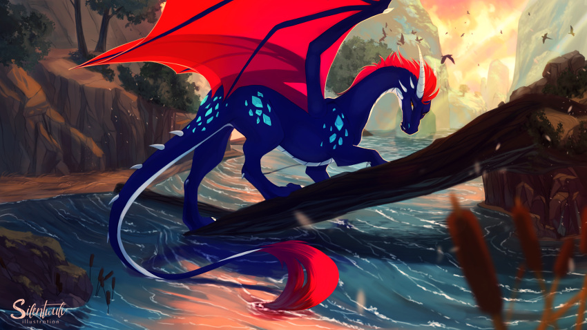 16:9 2021 ambiguous_gender claws day detailed_background digital_media_(artwork) dragon feral hair hi_res horn membrane_(anatomy) membranous_wings outside red_hair scales scalie silentwulv sky solo spines water western_dragon widescreen wings
