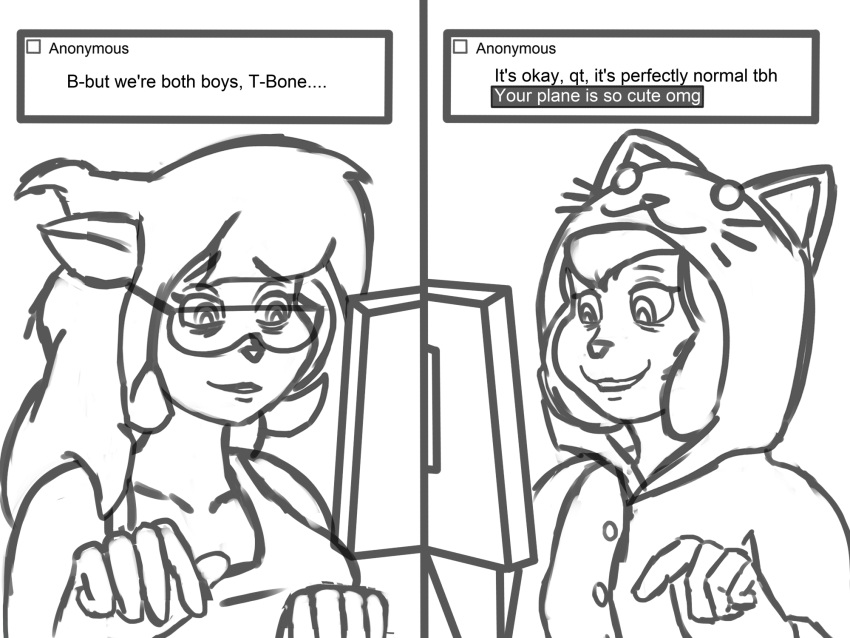 2021 4:3 abby_sinian anthro big_breasts black_and_white blonde_hair breasts callie_briggs callmewritefag clothed clothing computer dialogue digital_drawing_(artwork) digital_media_(artwork) domestic_cat duo english_text eyewear felid feline felis female female/female glasses hair hanna-barbera hi_res long_hair mammal mature_anthro mature_female meme monochrome onsie open_mouth pajamas roleplay simple_background sitting sketch smile swat_kats text topwear typing