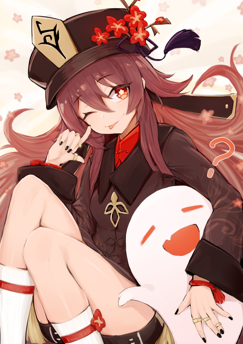 1girl ;p =d ? absurdres arm_up black_dress black_headwear black_nails black_shorts brown_hair closed_mouth dodo_(yatotoyatoto) dress eyebrows_visible_through_hair fang feet_out_of_frame finger_to_cheek flower flower-shaped_pupils genshin_impact ghost hat hat_flower highres hu_tao long_hair looking_at_viewer multiple_rings nail_polish one_eye_closed open_mouth plum_blossoms red_eyes red_flower red_ribbon ribbon ribbon-trimmed_legwear ribbon_trim shorts sitting skin_fang solo symbol-shaped_pupils tassel thumb_ring tongue tongue_out white_legwear