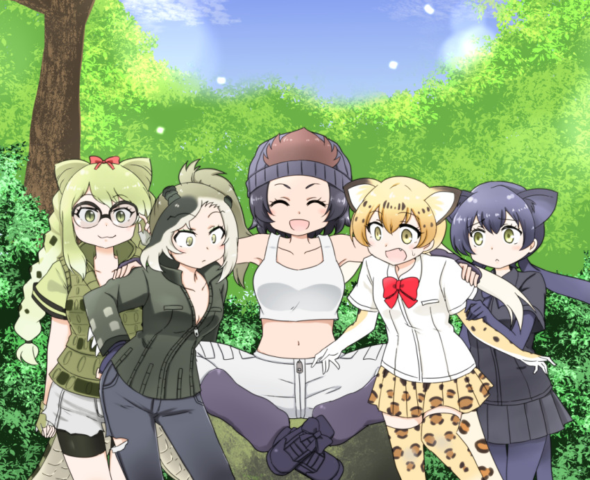 5girls ^_^ animal_ears animal_print arm_around_shoulder bare_arms bare_shoulders beanie bike_shorts bike_shorts_under_shorts black_hair black_leopard_(kemono_friends) blonde_hair bow bowtie braid breast_pocket cat_girl closed_eyes closed_mouth collarbone collared_jacket collared_shirt commentary_request crocodilian_tail cutoffs day denmaru._(dedendenmaru) elbow_gloves eyebrows_visible_through_hair facing_viewer fang fingerless_gloves friends furrowed_eyebrows glasses gloves gorilla_(kemono_friends) green_eyes green_hair hair_bow hand_on_another's_arm hand_on_another's_shoulder hand_on_eyewear hand_up hat high_collar high_ponytail jacket kemono_friends leaning_forward leopard_(kemono_friends) leopard_ears leopard_print leopard_tail long_hair long_sleeves looking_at_viewer looking_down low-tied_long_hair midriff miniskirt multicolored_hair multiple_girls open_mouth orange_hair outdoors over-rim_eyewear pants partially_unzipped pocket print_gloves print_legwear print_skirt saltwater_crocodile_(kemono_friends) seiza semi-rimless_eyewear shirt shoes short_hair short_shorts short_sleeves shorts shorts_under_shorts sitting skirt smile spectacled_caiman_(kemono_friends) spikes standing stomach tail tan tank_top thighhighs torn_clothes torn_pants twin_braids twintails vest white_shirt wide-eyed wing_collar yellow_eyes zettai_ryouiki zipper zipper_pull_tab |d