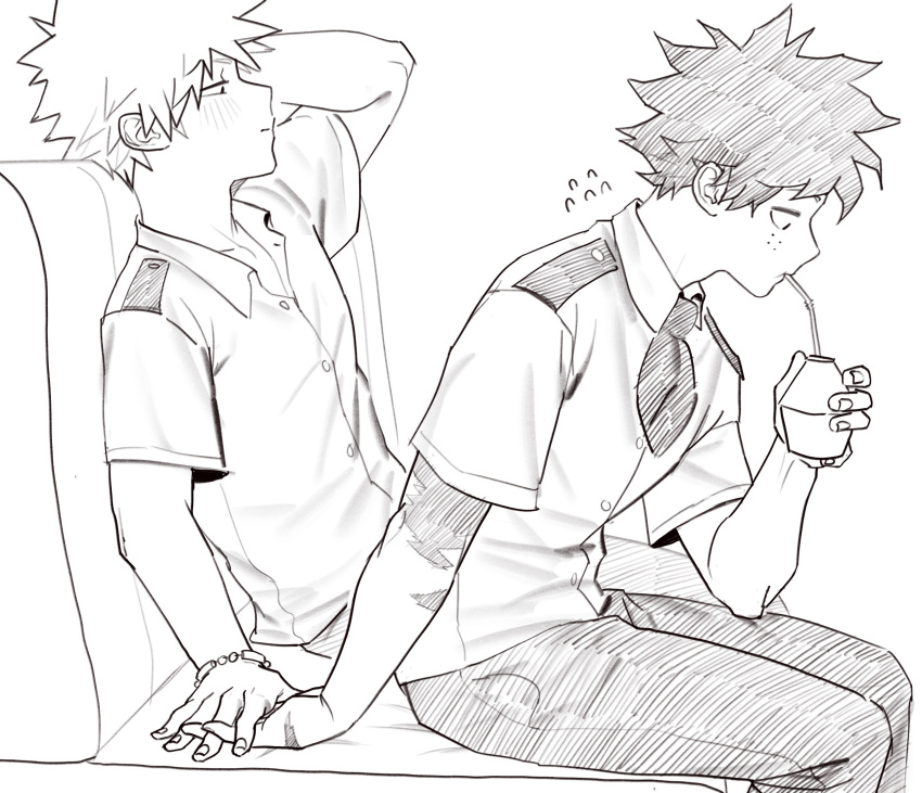 2boys arm_up bakugou_katsuki blush boku_no_hero_academia collarbone collared_shirt couch drinking drinking_straw flying_sweatdrops freckles from_side greyscale highres holding_hands leaning_back male_focus midoriya_izuku monochrome multiple_boys necktie on_couch pants scar_on_arm school_uniform shirt short_hair short_necktie sitting spiked_hair u.a._school_uniform wengwengchim yaoi