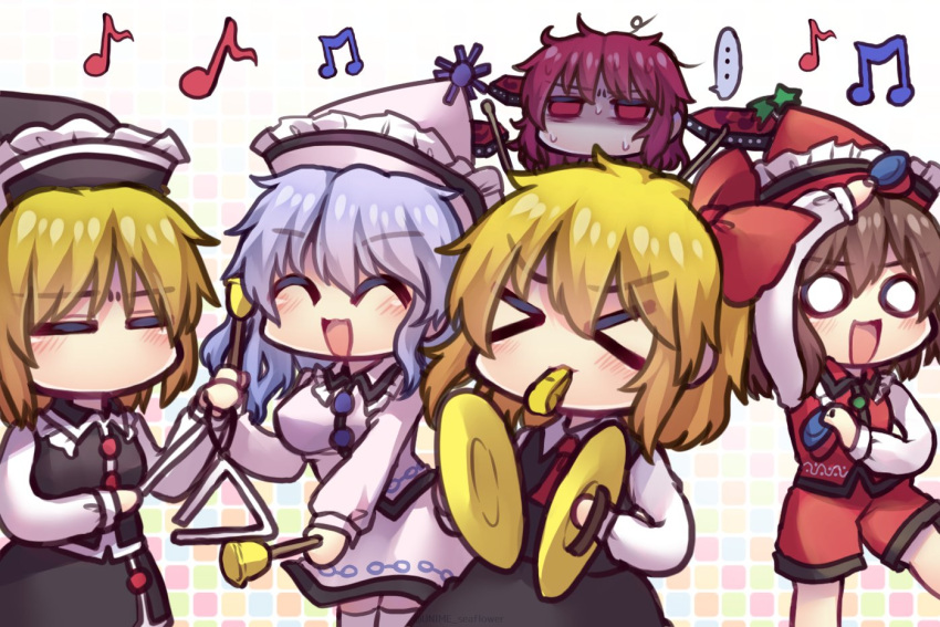 &gt;_&lt; ... 5girls ^_^ ascot bangs beamed_eighth_notes bell black_headwear black_skirt black_vest blonde_hair brown_hair closed_eyes collared_shirt commentary cymbals drum drum_set drumsticks empty_eyes eyebrows_visible_through_hair falling_star frilled_hat frills gradient gradient_background grid_background hair_ribbon half-closed_eyes hat hat_ornament horikawa_raiko instrument light_purple_hair long_sleeves lunasa_prismriver lyrica_prismriver merlin_prismriver multicolored multicolored_background multiple_girls music musical_note pink_headwear pink_skirt pink_vest playing_instrument quarter_note red_eyes red_hair red_headwear red_neckwear red_shorts red_vest ribbon rumia shaded_face shirt shorts skirt speech_bubble standing sweat taiko_drum touhou triangle_(instrument) unime_seaflower v-shaped_eyebrows vest whistle white_legwear white_shirt