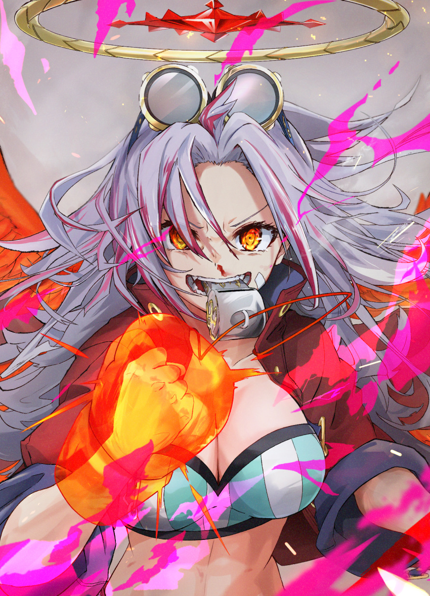1girl ace_kin bandaid bandaid_on_face blood bloody_nose boxing_gloves breasts cleavage clenched_hand coat energy gloves goggles goggles_on_head grey_hair hair_between_eyes halo highres long_hair monster_strike multicolored multicolored_hair open_mouth orange_eyes orange_wings oversized_object red_coat red_hair sleeves_rolled_up solo streaked_hair teeth transparent upper_body whistle wings