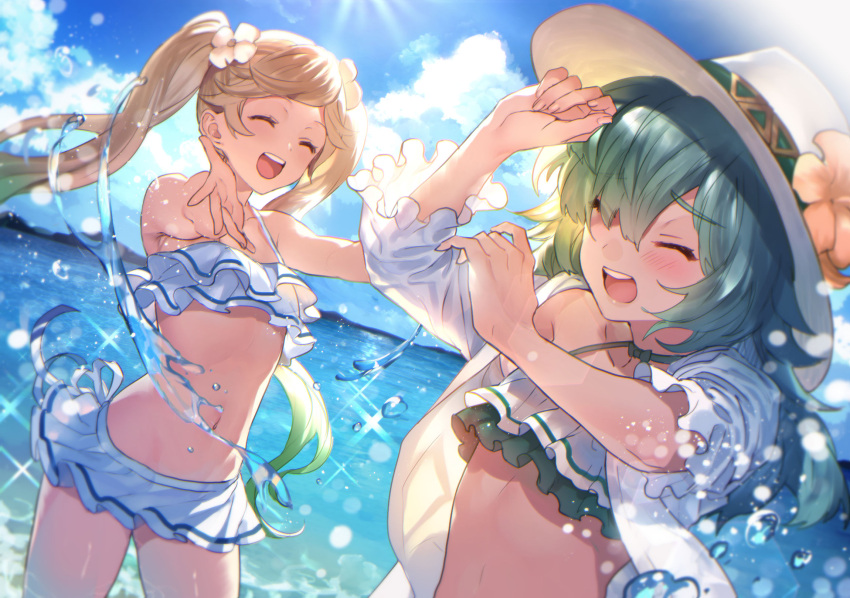 2girls arms_up bangs bikini blonde_hair blush choker closed_eyes cloud collarbone doushite eyebrows_visible_through_hair flower frilled_bikini frills granblue_fantasy green_hair hair_over_one_eye hat hat_flower highres io_euclase kolulu_(granblue_fantasy) long_hair multicolored_hair multiple_girls navel open_mouth outstretched_arms revision smile sparkle standing sunlight swimsuit tan teeth tongue twintails wading water