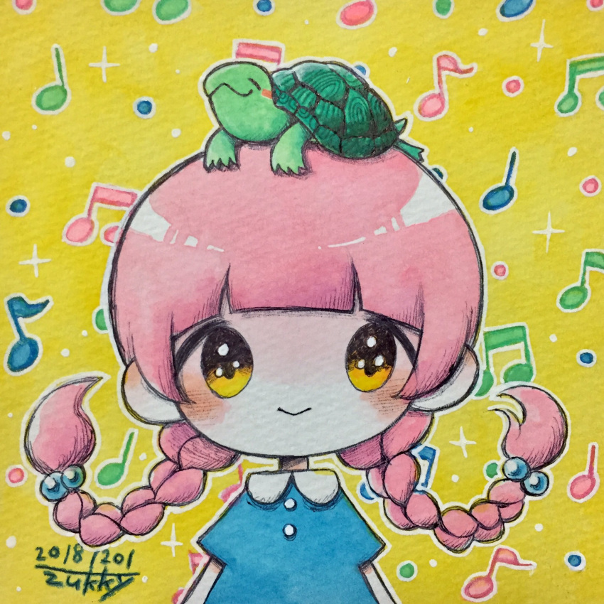 1girl animal_on_head bangs beamed_eighth_notes blue_dress blunt_bangs blush braid dated dress eighth_note highres musical_note no_nose on_head original outline quarter_note short_sleeves signature smile solo turtle twin_braids upper_body white_outline yellow_eyes zukky000