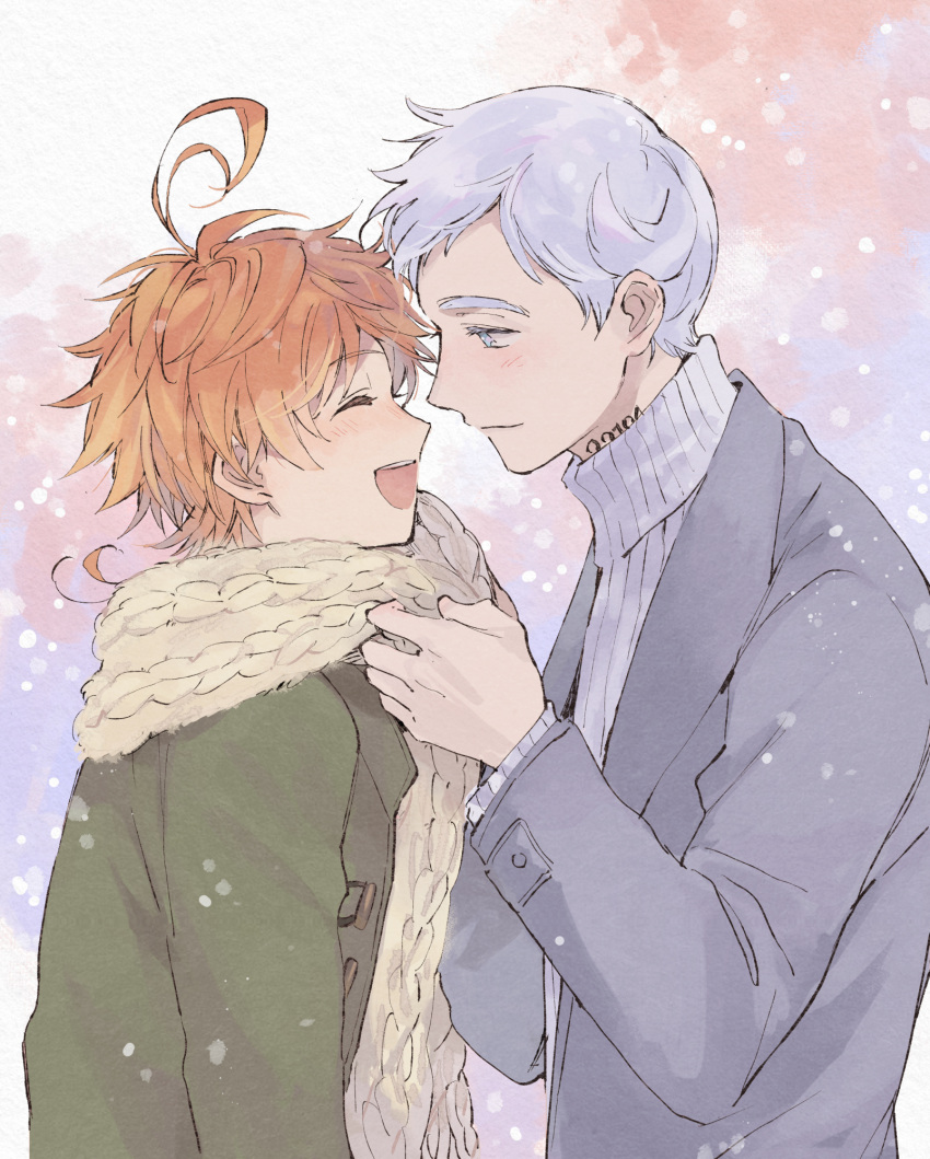 1boy 1girl abstract_background adjusting_scarf ahoge alternate_costume azuki_(aduki) beige_scarf blue_background blue_eyes blush buttons closed_eyes coat couple emma_(yakusoku_no_neverland) green_coat grey_coat grey_hair grey_sweater hetero highres imminent_kiss neck_tattoo norman_(yakusoku_no_neverland) number_tattoo open_clothes open_coat open_mouth orange_hair pink_background ribbed_sweater scarf short_hair smile sweater tattoo upper_body upper_teeth wavy_hair yakusoku_no_neverland