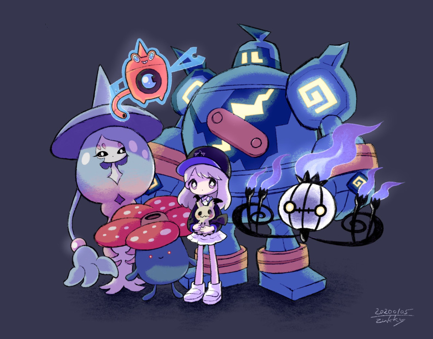 1girl baseball_cap black_background black_headwear bright_pupils chandelure dated gen_1_pokemon gen_4_pokemon gen_5_pokemon gen_7_pokemon gen_8_pokemon glowing golurk hat hatterene highres long_hair long_sleeves mimikyu no_nose pink_hair pokemon purple_eyes rotom shadow shoes signature simple_background solo standing vileplume white_footwear white_pupils wide_shot zukky000