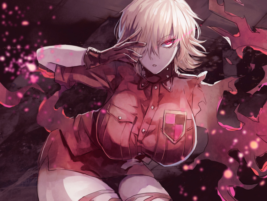 1girl blonde_hair breasts clona gloves hair_between_eyes hellsing large_breasts looking_back miniskirt red_eyes red_gloves red_uniform seras_victoria short_hair skirt vampire