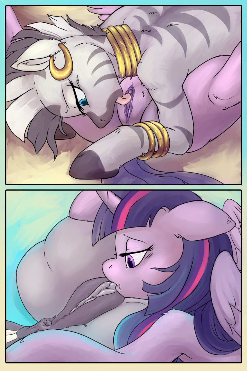 2:3 absurd_res anus comic cunnilingus duo equid equine female female/female feral friendship_is_magic genitals hasbro hi_res hobbes_maxwell horn licking mammal my_little_pony oral purple_body pussy sex tongue tongue_out twilight_sparkle_(mlp) vaginal winged_unicorn wings zebra zecora_(mlp)